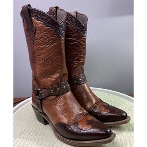 Vintage Women Leather Western Brown Cowboy Boots Cowgirl Riding Harness Boots 7M